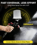 Pro Level HVLP Air Spray Gun Kit With 1.4 1.7 And 2.0Mm Nozzles showing extra-wide spray fan and mixing cup in use.