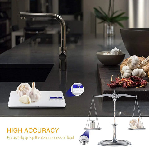 Precision Kitchen Scale For Home Cooks Waterproof Rechargeable Digital Food Scale 33Lb Capacity with garlic displayed
