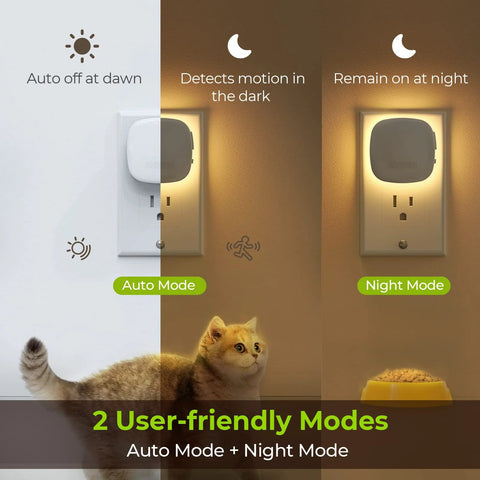 AUVON plug-in LED night light, front view; motion and dusk-to-dawn sensor, warm white, dimmable