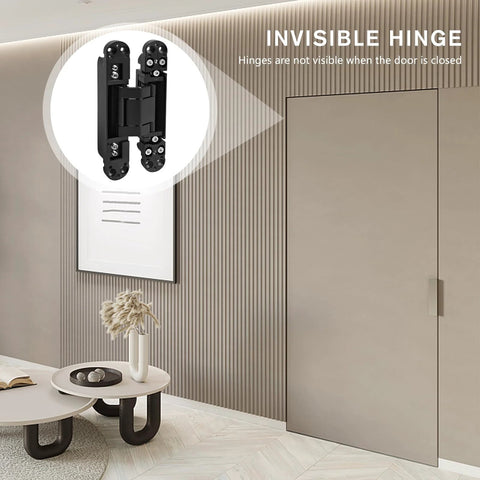 Hidden Door Hinge Set for Concealed Installations, visible door with inset of black hinge, 6-inch adjustable swing, Anmiliy