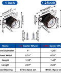 8 Piece Low Profile Mini Caster Wheels Set Side Mount Fixed Rollers Tight Slot Furniture Hack Zero Sweat Drawer Gliders Smooth Rider Heavy Duty Replacement Casters 36 Lbs Each dimensions and specifications chart
