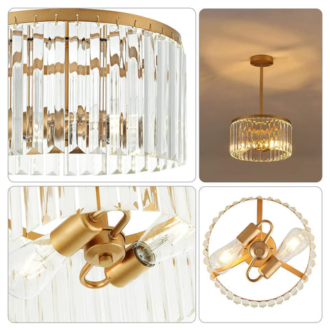 Gold 12 Inch Semi Flush Mount Crystal Ceiling Light Fixture With 38 Crystal Beads for Kitchen, modern industrial style
