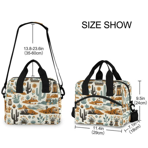 Western Desert Cooler Bag Insulated Lunch Tote 10L with size dimensions and cactus pattern design