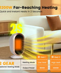 1200W PTC Ceramic Space Heater With Fast Heat demonstrating two heat modes in a living room with a couch and coffee table.