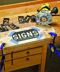 State Park Font Router Letter Template Set For Sign Making, 3 3/8 Inch Tall Interlocking Templates With 99 Pieces in use on wood.