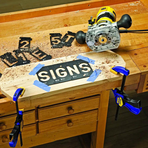 State Park Font Router Letter Template Set For Sign Making, 3 3/8 Inch Tall Interlocking Templates With 99 Pieces in use on wood.