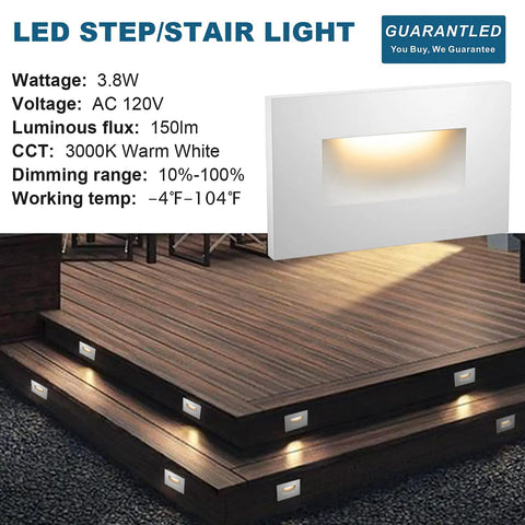 LED step lights on wooden stairs, showcasing Outdoor Step Lights 3 Pack 120V LED Stair Deck Lights Waterproof Hardwired Dimmable 3000K