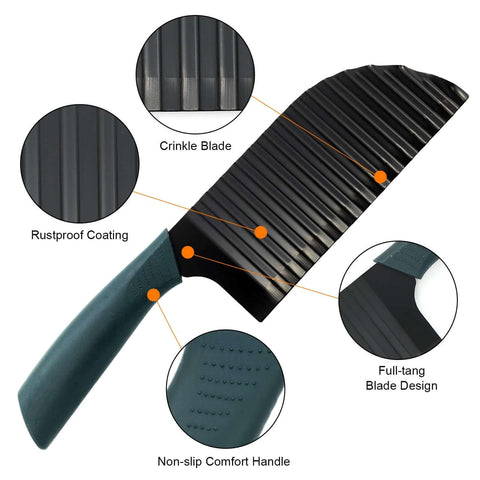 3-piece crinkle cutter set with stainless steel wave blades for vegetables; green non-slip handle