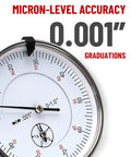 Close-up of dial indicator with 0.001 inch graduations from Gearhead Pro Grade Cylinder Bore Gauge With Sleeve Height And Counterbore Tool For All Diesel Engines, 0 To 1 Inch Range, 0.001 Inch Precision, Dial Indicator Kit With Base, Flat And Point Contacts, Hex Wrench, And Durable Case.