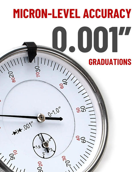 Close-up of dial indicator with 0.001 inch graduations from Gearhead Pro Grade Cylinder Bore Gauge With Sleeve Height And Counterbore Tool For All Diesel Engines, 0 To 1 Inch Range, 0.001 Inch Precision, Dial Indicator Kit With Base, Flat And Point Contacts, Hex Wrench, And Durable Case.