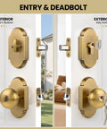 Antique Brass Door Knob With Deadbolt, Keyed Alike Exterior Lock Set, showing interior turn button and exterior key hole