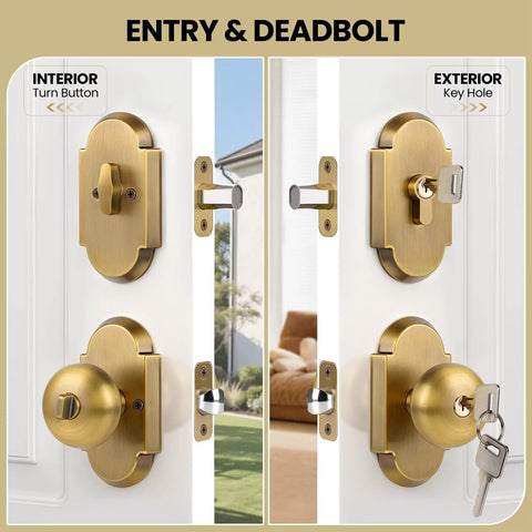 Antique Brass Door Knob With Deadbolt, Keyed Alike Exterior Lock Set, showing interior turn button and exterior key hole