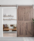 Wooden door using 8 Feet Brushed Nickel Barn Door Hardware Kit For 42 To 48 Inch Wide Panels Heavy Duty Sliding Track installed in home.
