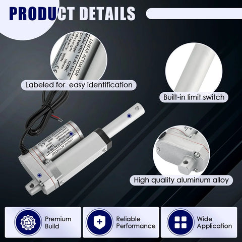DC12V, 2-inch stroke linear actuator with mounting bracket; silver aluminum alloy housing and built-in limit switch