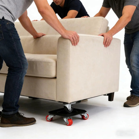 360 Degree Rotating Heavy Duty Furniture Mover Dolly With Auxiliary Lifter For Sofas Beds Washing Machines And More Easy Glide Wheel System Built To Move Big Stuff Through Narrow Hallways Stairs And Tight Spaces During Home Or Warehouse Moves. beige sofa on rotating dolly with red casters