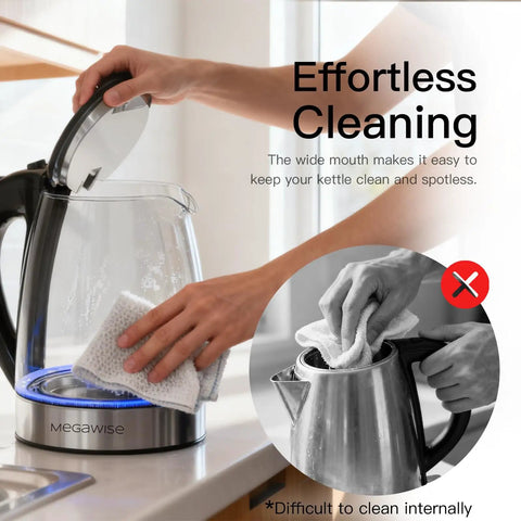 Person wiping Electric Glass Kettle With Auto Shut Off 1.8L Borosilicate Glass Body Stainless Steel Inner Lid And Base No Plastic Touching Boiling Water