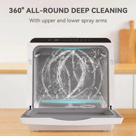 Compact Countertop Dishwasher With Five Beast Mode Wash Cycles And No Brainer Setup For Tiny Apartments featuring internal spray arms.