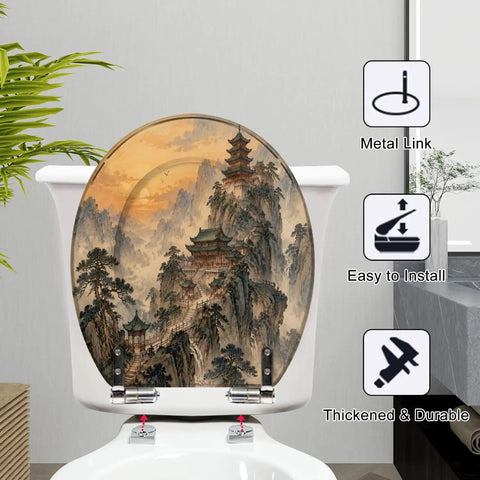 Round Mountain Temple Chinoiserie Sunrise Misty Chinese Ink Toilet Seat mounted on a toilet, showcasing its scenic design and metal hinges.