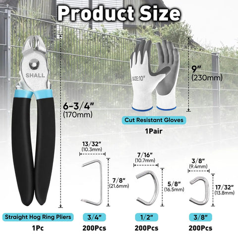 Pro Grade Hog Ring Pliers Kit With 600 Galvanized Rings In 3/8, 1/2, And 3/4 Inch For Upholstery, Fencing, Pet Cages, Gloves Visible