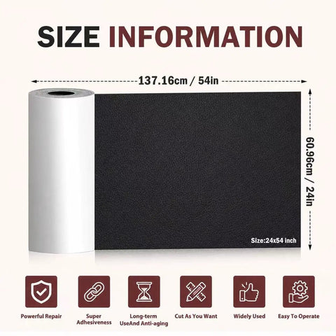 Mega Self Adhesive Faux Leather Patch Strip For Seamless Couch And Auto Seat Repair Heavy Duty Vinyl Film Covering Splits And Wear Black Peel Ready Application That Truly Slaps And Takes Care Of Business Fast, 24x54 inches with size information.