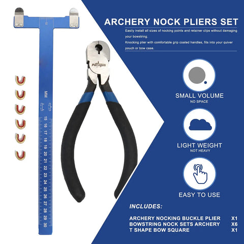 Archery Bow String Nocking Points Kit With T Square Ruler And Buckle Pliers, showing components and measurements, 6 buckles visible