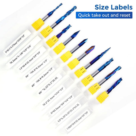 10 Piece CNC Router Bit Set One Quarter Inch Shank Pro Grade Carbide Bits For Woodworking Detailing Carving Trimming Engraving Slotting V Groove Mortise And More Plus ER11 High Precision Collet blue and yellow in packaging
