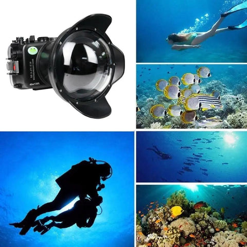 Underwater Housing For Sony ZV-E10 With Dome Port, Waterproof To 40 Meters, showcasing usage in aquatic environments.
