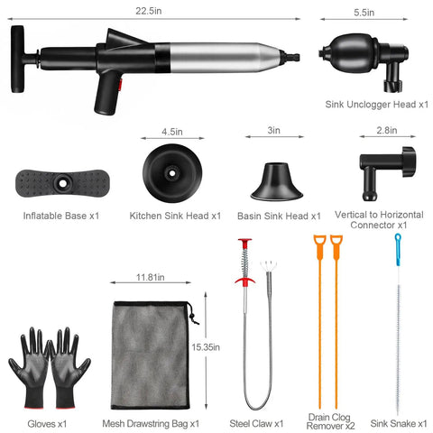 Heavy Duty Air Drain Blaster With Real Time Barometer And Storage Bag, High Pressure Toilet Plunger kit with assorted heads and tools.