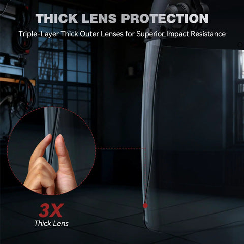 Badass Full Face Shield For Grinding And Cutting With Anti Scratch Polycarbonate Lens Wraparound Visor showing thick lenses for impact protection.