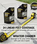 Rock Solid Self Leveling Concrete Crack Filler Two Pack Liquid Repair Sealant next to measuring tape showing 24 feet coverage.