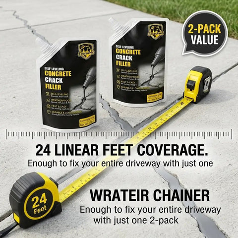 Rock Solid Self Leveling Concrete Crack Filler Two Pack Liquid Repair Sealant next to measuring tape showing 24 feet coverage.
