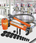 Heavy Duty 15 Ton Hydraulic Punch Driver Kit 1/2 To 4 Inch Knockout Punch Tool With Ten Die Sets displayed with electrical panels