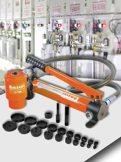 Heavy Duty 15 Ton Hydraulic Punch Driver Kit 1/2 To 4 Inch Knockout Punch Tool With Ten Die Sets displayed with electrical panels