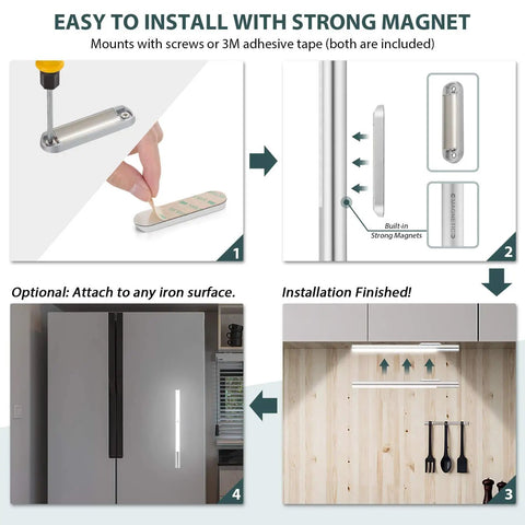 Installation steps for Super Bright Wireless Closet Light With Motion Sensor No Wiring Needed 6000K White Glow Rechargeable 4500mAh Battery Easy Under Cabinet Mount With Screws Or 3M Adhesive Magnetic On Iron Surfaces Up To 180 Days Battery Life