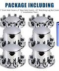 Heavy Duty Semi Truck Hub Covers Set 2 Front 4 Rear With 33mm Chrome ThreadOn Lug Nut Covers and Installation Tool Included ABS Rust Resistant Wheel Caps for a Rugged Truckin Look image showing package contents