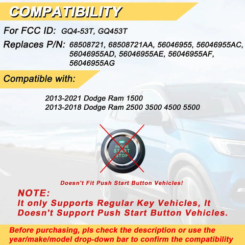 Compatibility information for Key Fob Replacement For Dodge Ram 1500 2013 2021 And Ram 2500 3500 4500 5500 Remote Control