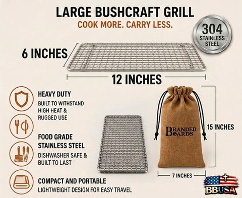 Portable Bushcraft Stainless Steel 304 BBQ Grill Grate With Burlap Hemp Drawstring Bag Large 6x12 Inch Outdoor Camp Cooking Gear