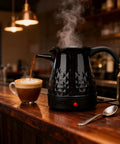 Go To Electric Coffee Maker 600ml Portable Stainless Steel Pot with anti scald dual protection on wooden counter