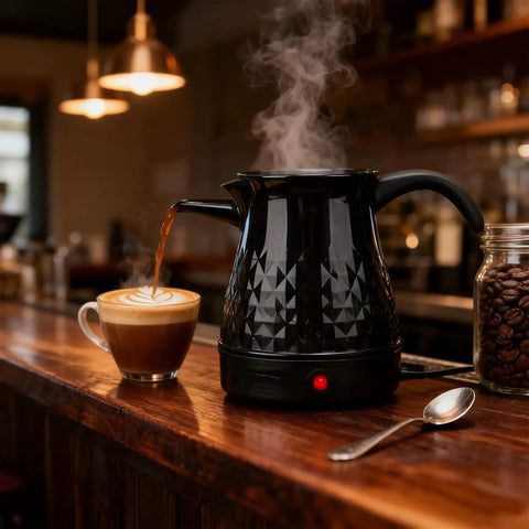 Go To Electric Coffee Maker 600ml Portable Stainless Steel Pot with anti scald dual protection on wooden counter
