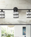Matte Black 3 Light Vanity Fixture With Crystal Shades For Bathroom And Bedroom mounted above mirror on tiled wall