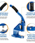 Image showing a blue All In One Heavy Duty Grommet Tool Kit with hand press, highlighting durable spring and grip features.
