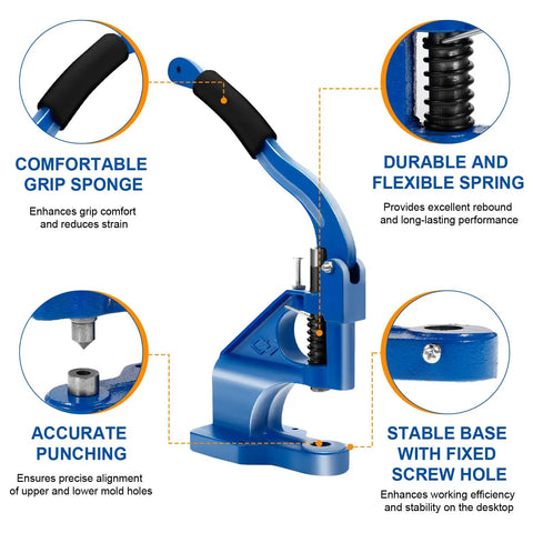 Image showing a blue All In One Heavy Duty Grommet Tool Kit with hand press, highlighting durable spring and grip features.