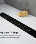 36 Inch Black Linear Shower Drain With Removable Grate Cover Brushed 304 Stainless Steel Shower Floor Drain Hair Strainer And Adjustable Feet No Rust Built To Last Fast Drainage installed in shower floor with water flow