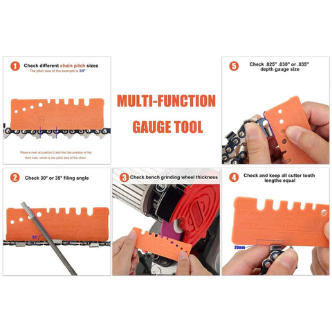 Orange multi-function chainsaw sharpening gauge tool with depth gauge and 6-inch file