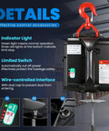 Front view of NEWTRY electric hoist winch with black housing and red hook, 110/120V, 1,100 lb capacity.
