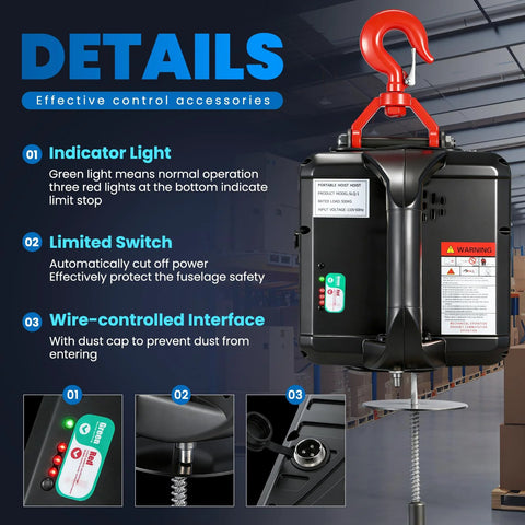 Front view of NEWTRY electric hoist winch with black housing and red hook, 110/120V, 1,100 lb capacity.