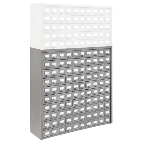 Front view of Heavy Duty 100 Drawer Small Parts Storage Cabinet With Label Holders All Steel Construction In Gray Enamel