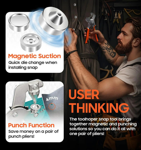 Man using All In One Heavy Duty Snap Fastener Tool Kit With 300 Pcs Boat Cover Snaps, featuring magnetic suction and punch function.