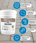 5-gallon container of Stone Sealer That Keeps It Tight, Penetrating Water Repellent For All Stone Surfaces with durability icons