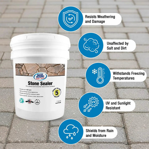 5-gallon container of Stone Sealer That Keeps It Tight, Penetrating Water Repellent For All Stone Surfaces with durability icons
